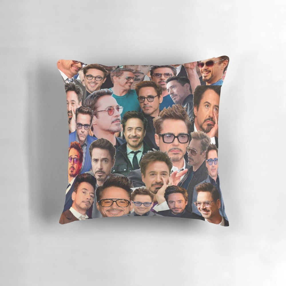 Decorative pillow featuring a collage of photographs of actor Robert Downey Jr.
