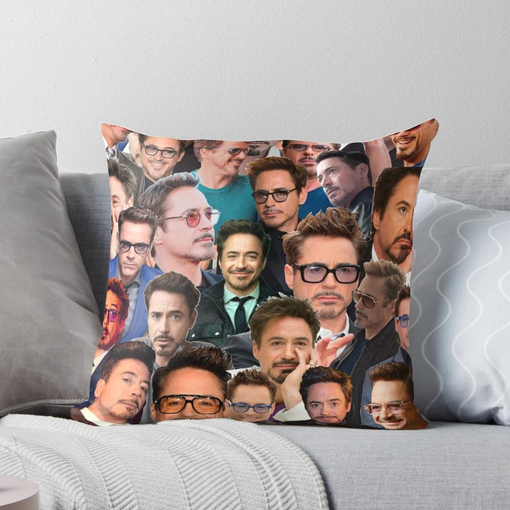 Decorative pillow featuring a collage of photographs of actor Robert Downey Jr.