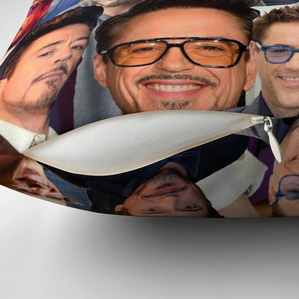 Decorative pillow featuring a collage of photographs of actor Robert Downey Jr.