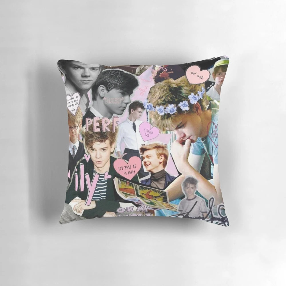 A custom pillow featuring a collage design of actor Thomas Brodie-Sangster