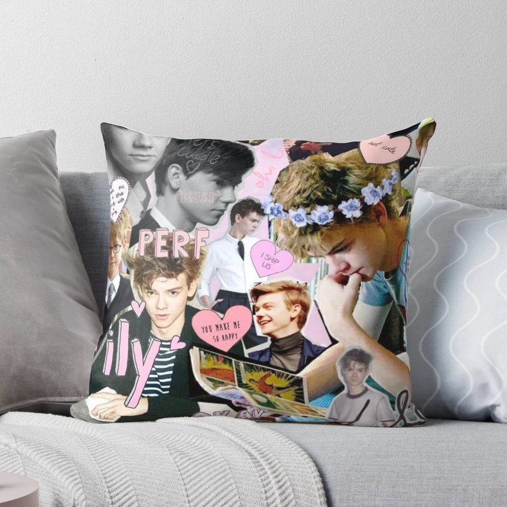 A custom pillow featuring a collage design of actor Thomas Brodie-Sangster