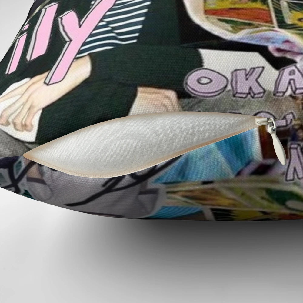 A custom pillow featuring a collage design of actor Thomas Brodie-Sangster