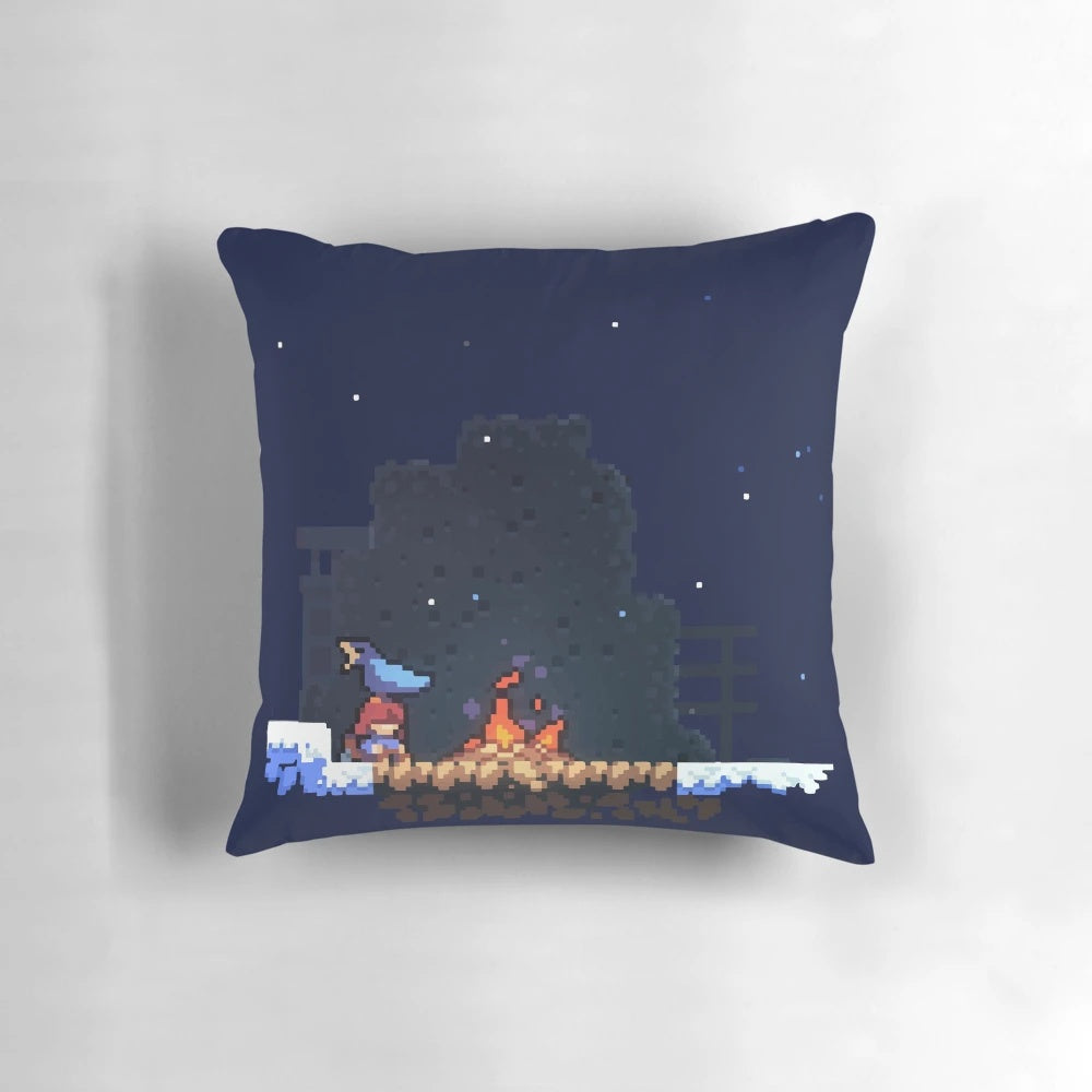 Celeste indie game pillow featuring Madeline, the protagonist, in a mountain setting