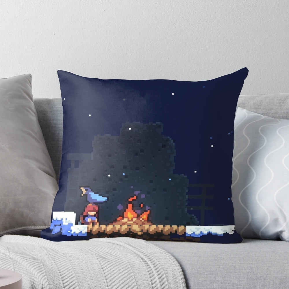 Celeste indie game pillow featuring Madeline, the protagonist, in a mountain setting