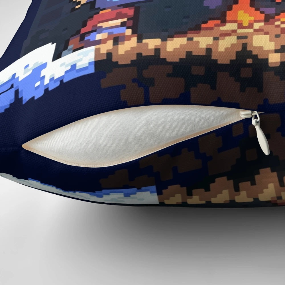Celeste indie game pillow featuring Madeline, the protagonist, in a mountain setting