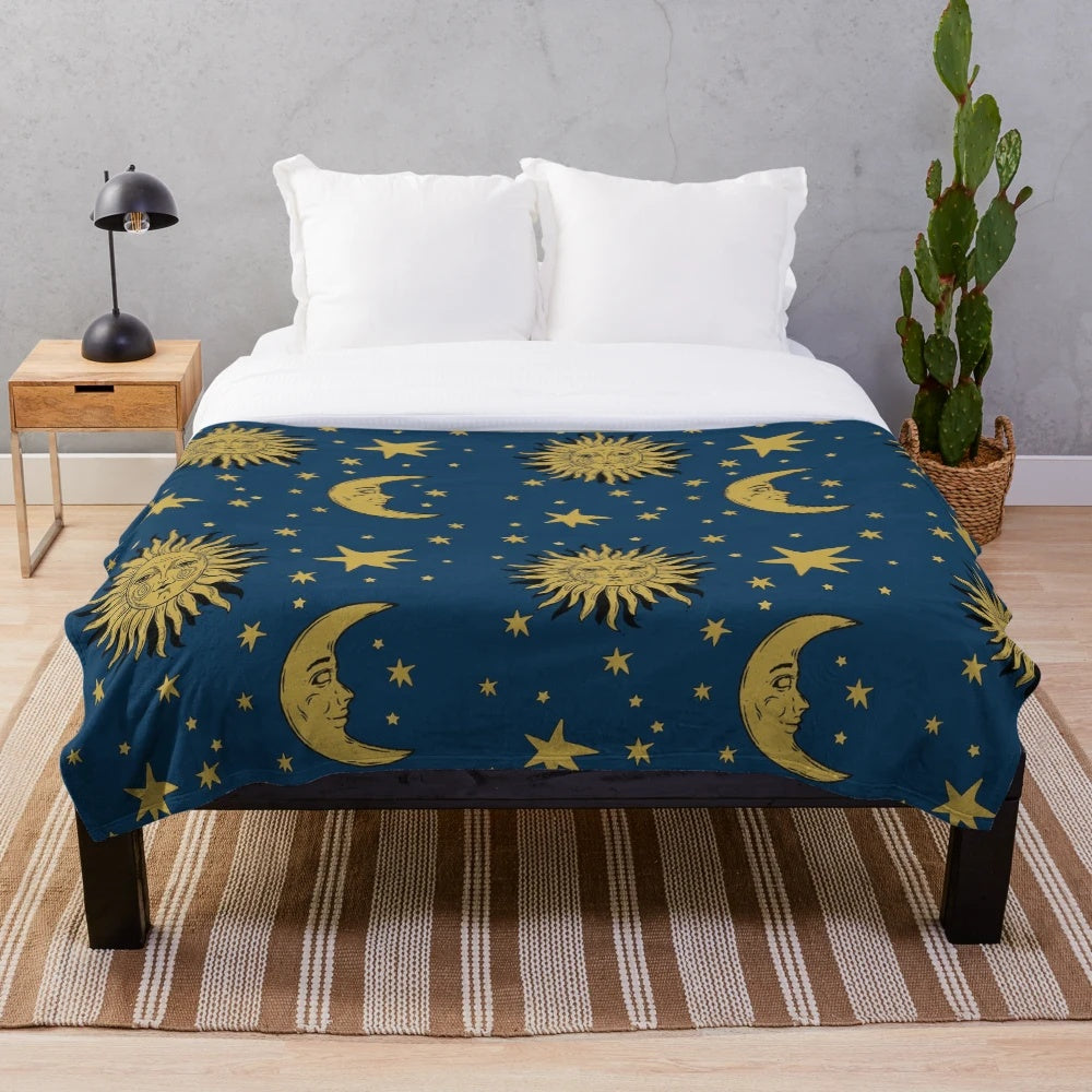 90s aesthetic plush blanket with celestial sun and moon pattern