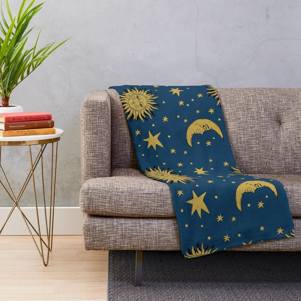90s aesthetic plush blanket with celestial sun and moon pattern