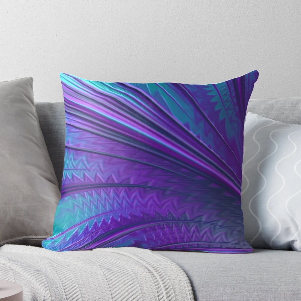 Abstract art throw pillow with a blue and purple cosmic design evoking the night sky and fractal patterns.