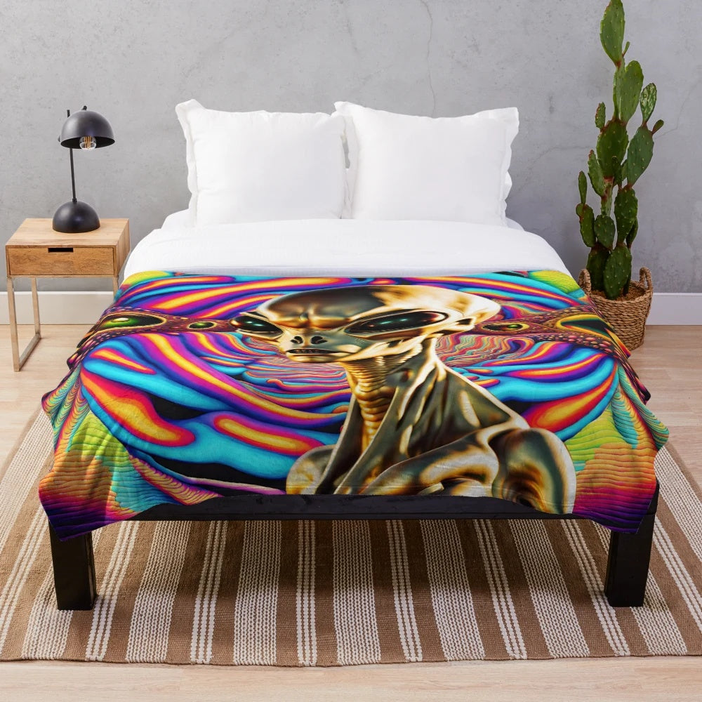 Golden alien plush blanket with cosmic, boho patterns