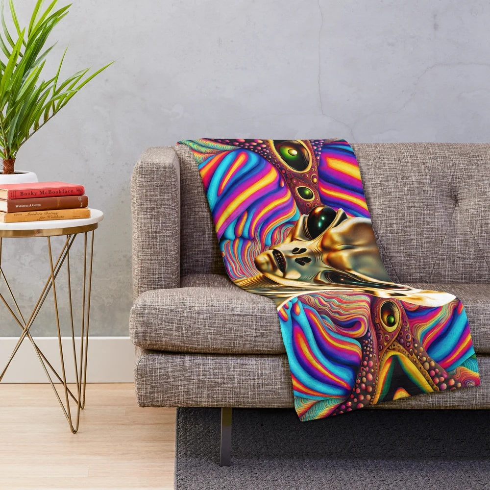 Golden alien plush blanket with cosmic, boho patterns