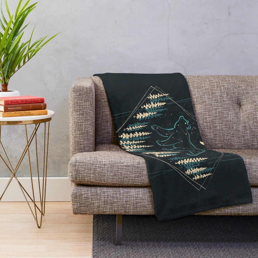 Celestial Bear Plush Blanket featuring a starry night sky and a wild bear design