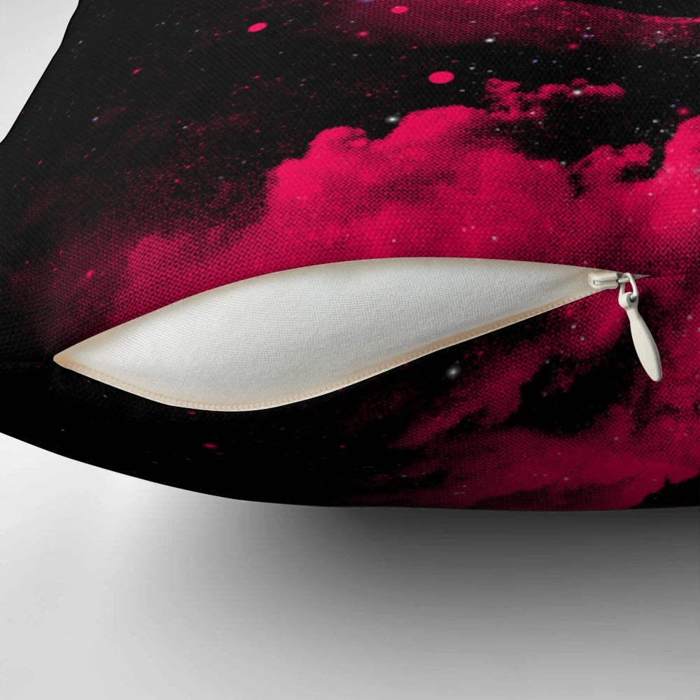 Stylish black hole-inspired pillow design featuring a pink and black space theme.