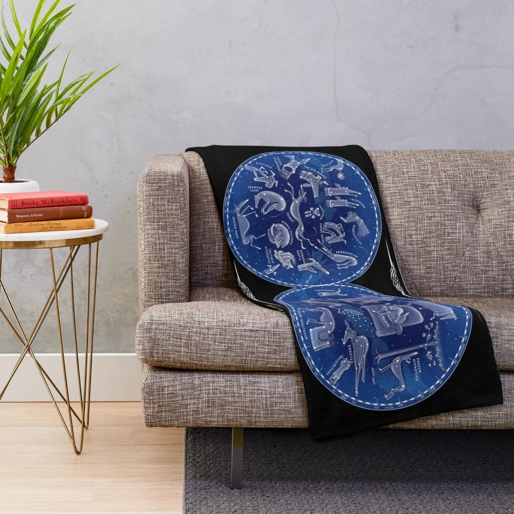 Plush blanket featuring a map of the constellations with greyhounds, lurchers, and whippets