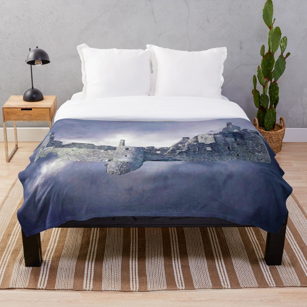 Plush blanket featuring whimsical castle in the sky design, perfect for anime and fantasy enthusiasts