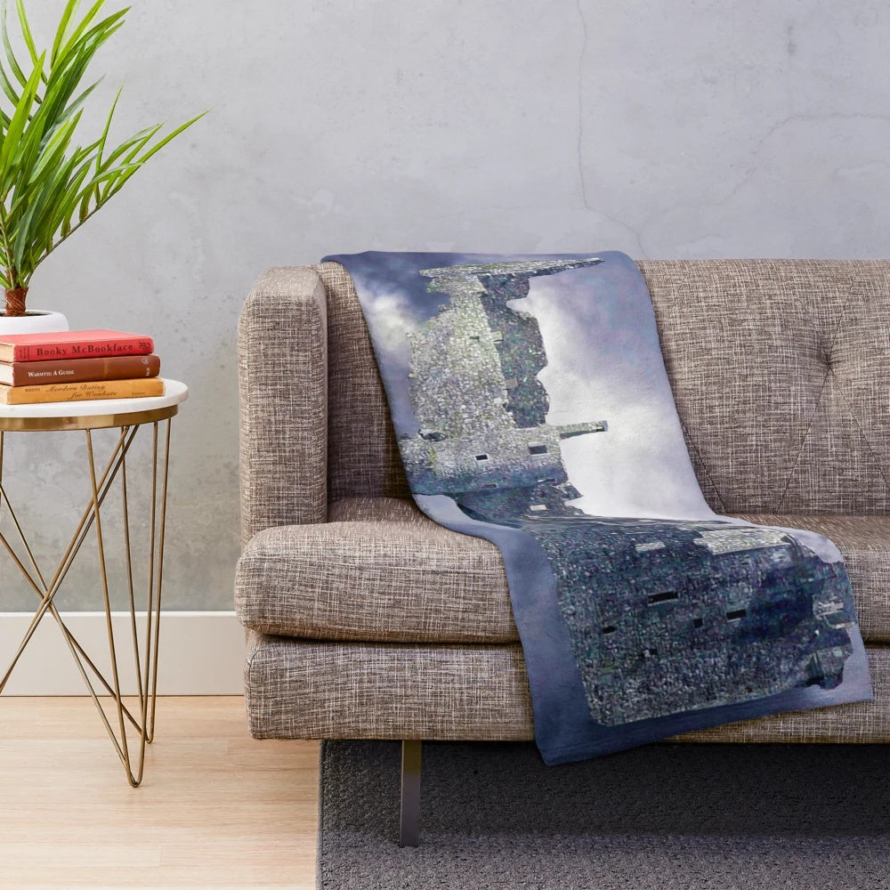 Plush blanket featuring whimsical castle in the sky design, perfect for anime and fantasy enthusiasts