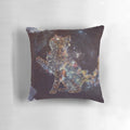 Celestial cat pillow featuring a galaxy-themed design with stars, moons, and a sleeping cat