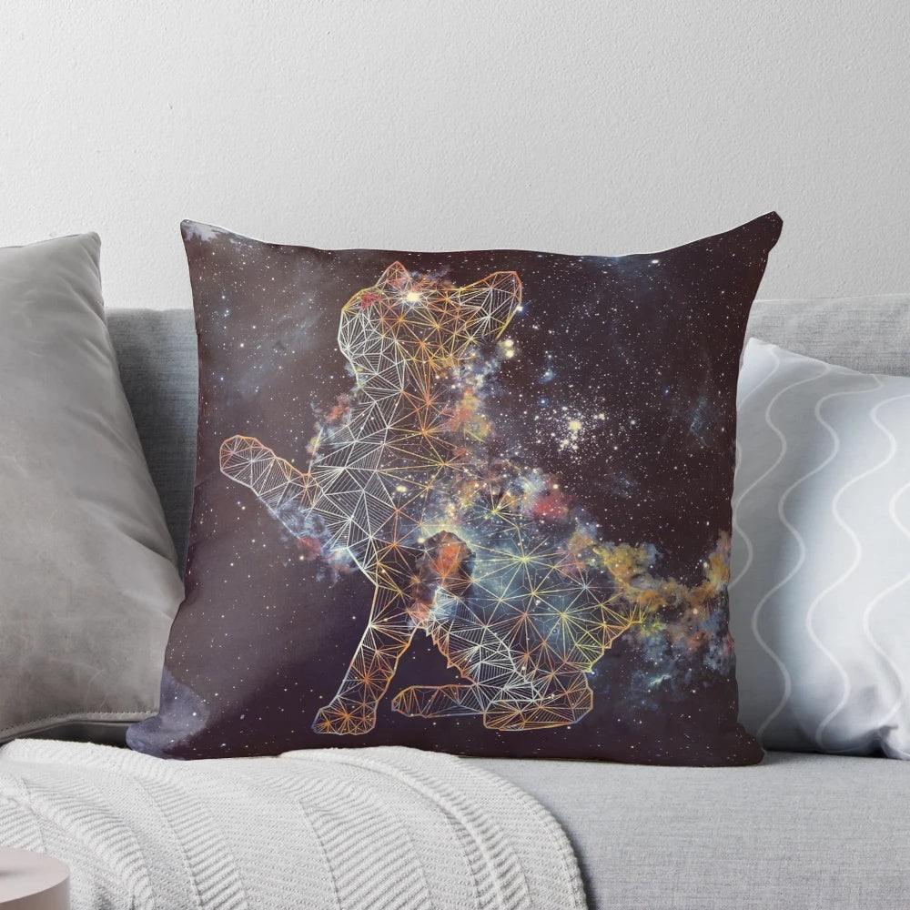 Celestial cat pillow featuring a galaxy-themed design with stars, moons, and a sleeping cat