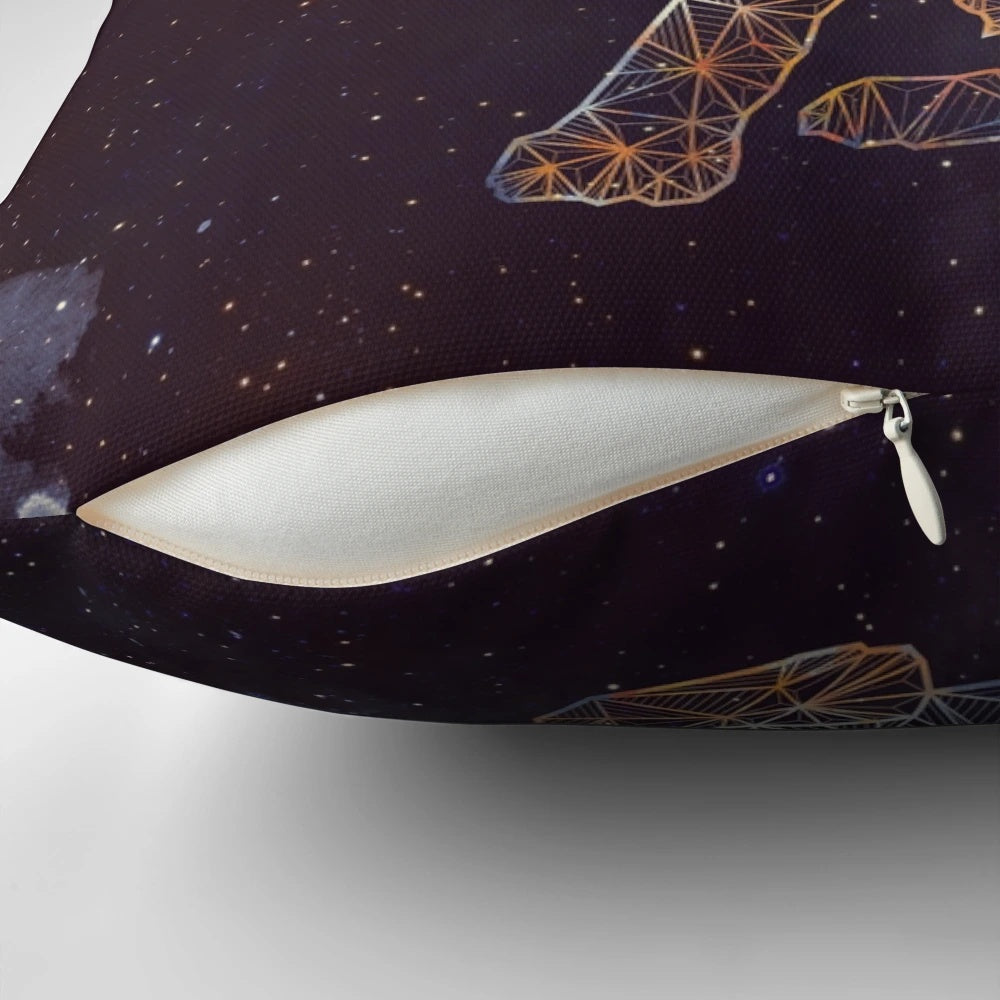 Celestial cat pillow featuring a galaxy-themed design with stars, moons, and a sleeping cat