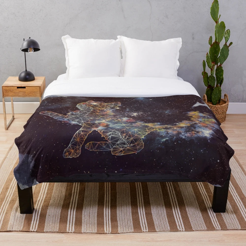 Celestial cat plush blanket with cosmic pattern and galaxy design