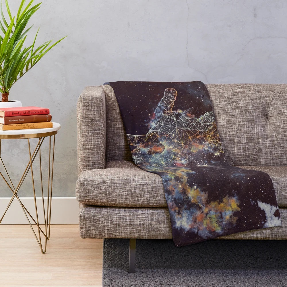 Celestial cat plush blanket with cosmic pattern and galaxy design