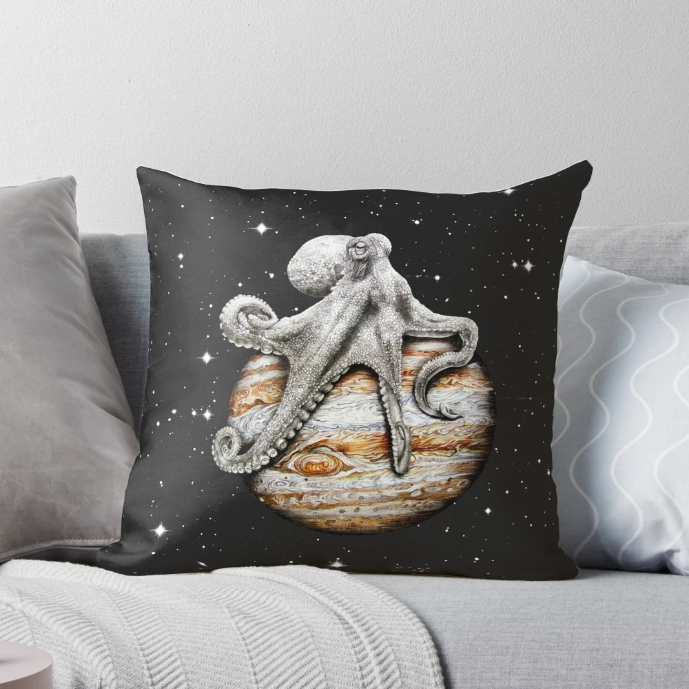 Celestial Cephalopod Surreal Octopus Pillow, a unique home decor accent featuring a whimsical space-themed octopus design.