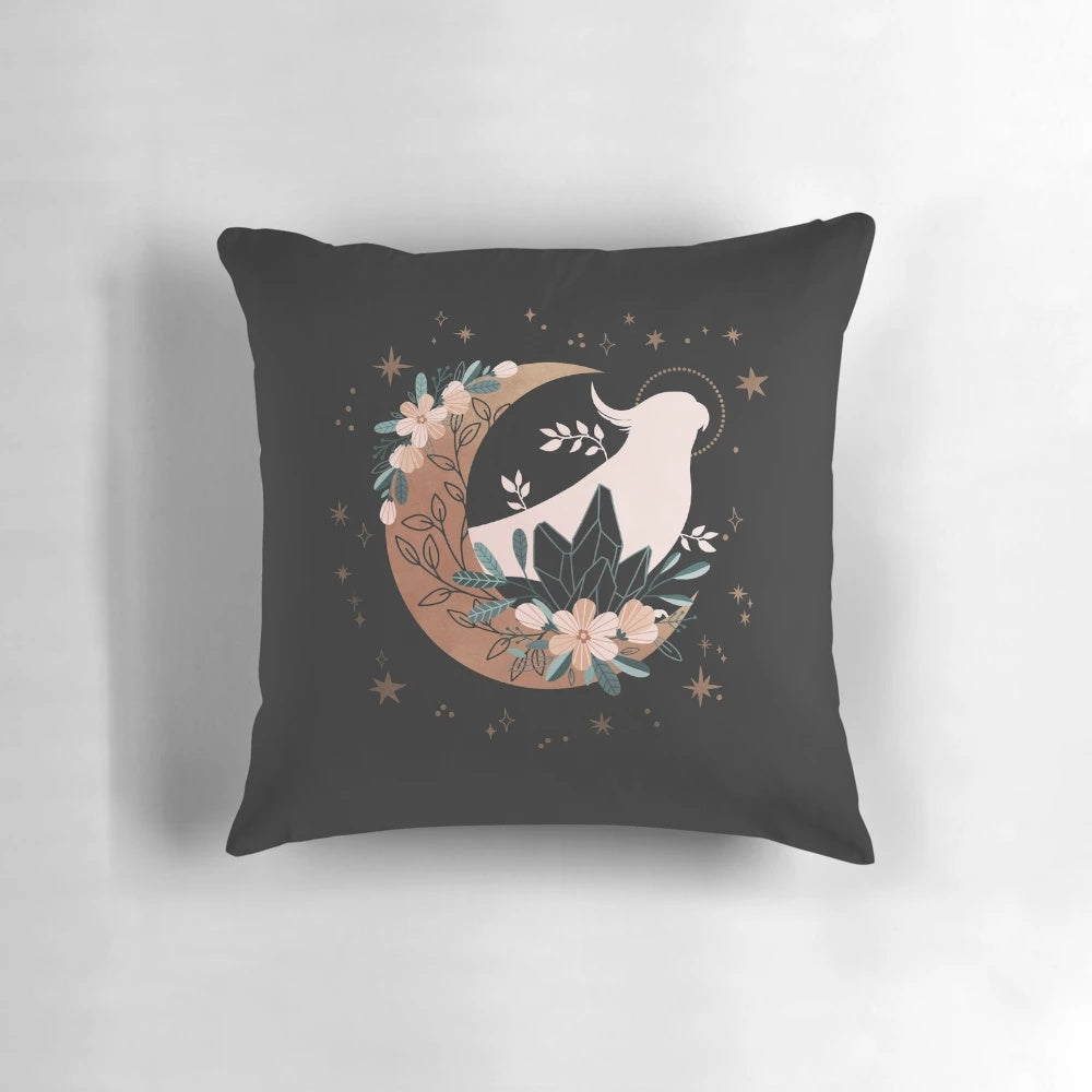 Celestial-themed decorative pillow featuring a cute cockatiel bird design