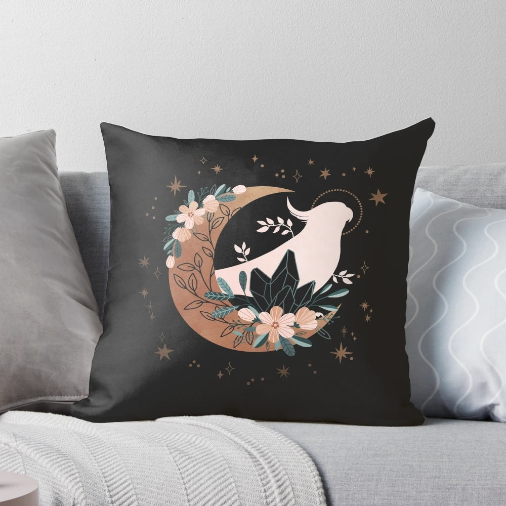 Celestial-themed decorative pillow featuring a cute cockatiel bird design