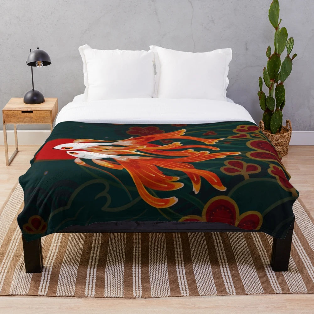 Soft and cozy plush blanket featuring a pair of comet goldfish swimming in an oriental-inspired design