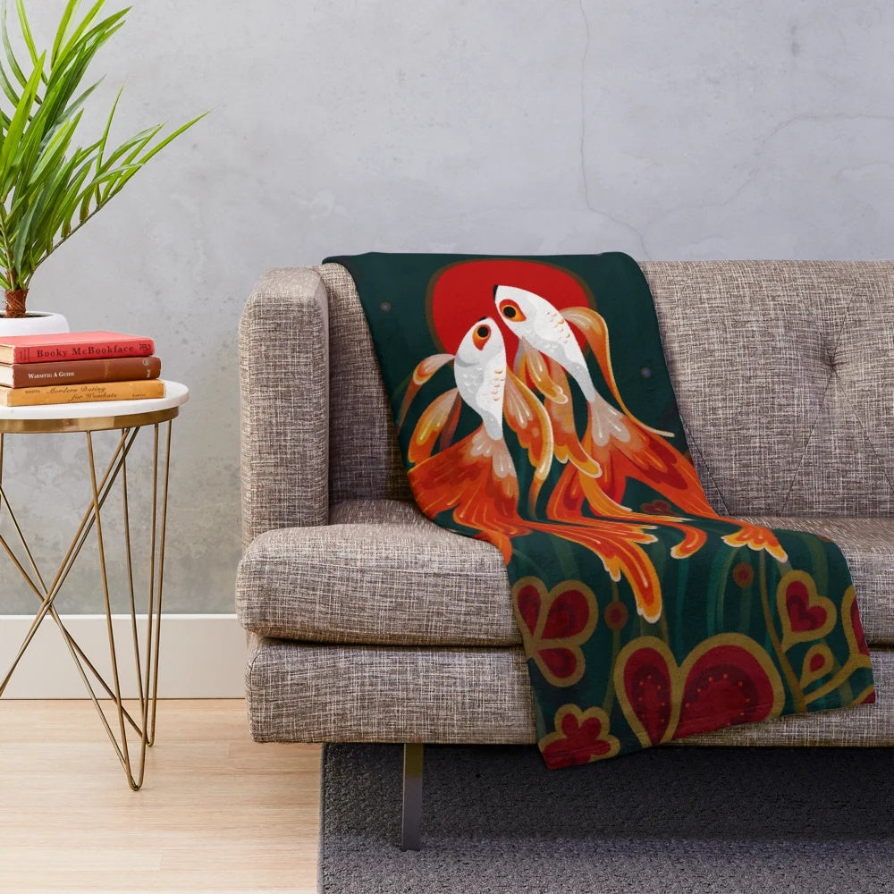 Soft and cozy plush blanket featuring a pair of comet goldfish swimming in an oriental-inspired design