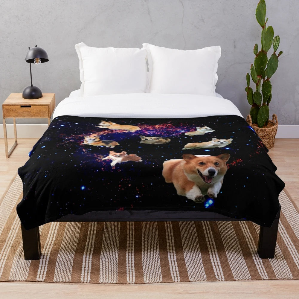Space-themed plush blanket featuring a corgi in a cosmic setting