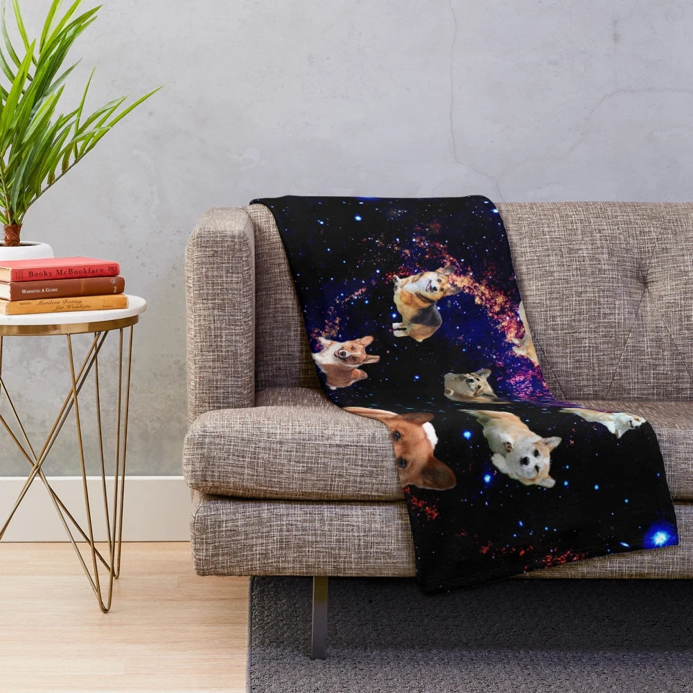 Space-themed plush blanket featuring a corgi in a cosmic setting