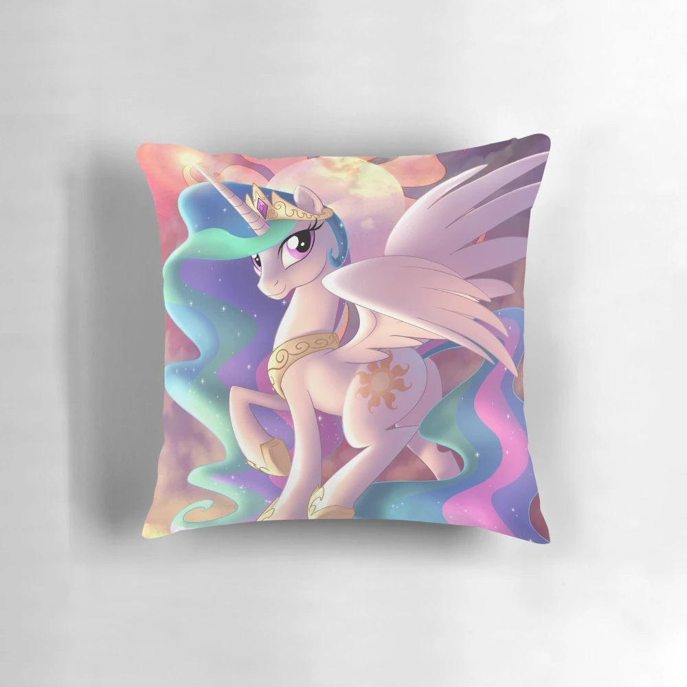 Celestial-themed decorative pillow with sunrise, clouds, and alicorn design