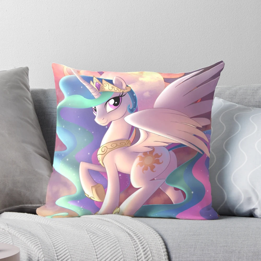 Celestial-themed decorative pillow with sunrise, clouds, and alicorn design