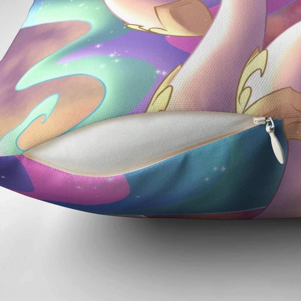 Celestial-themed decorative pillow with sunrise, clouds, and alicorn design