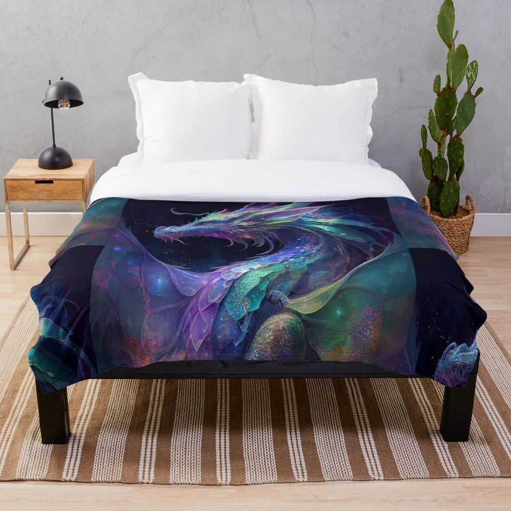 Celestial dragon plush blanket with stars and galaxy design