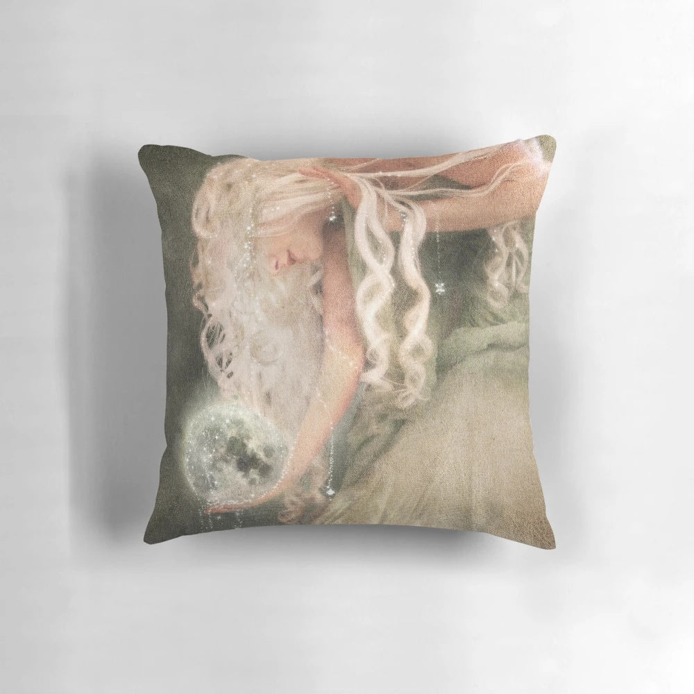 Serene sister moon pillow with pale moonlight and whimsical maiden design