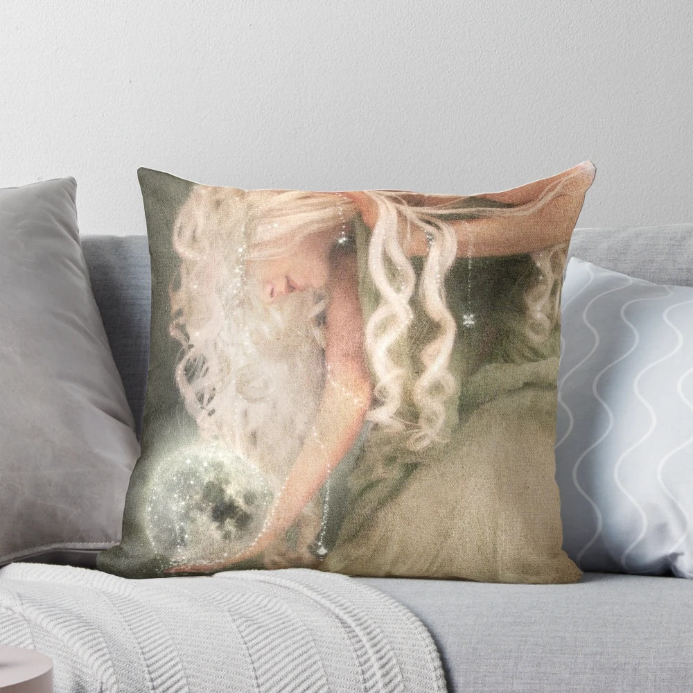 Serene sister moon pillow with pale moonlight and whimsical maiden design