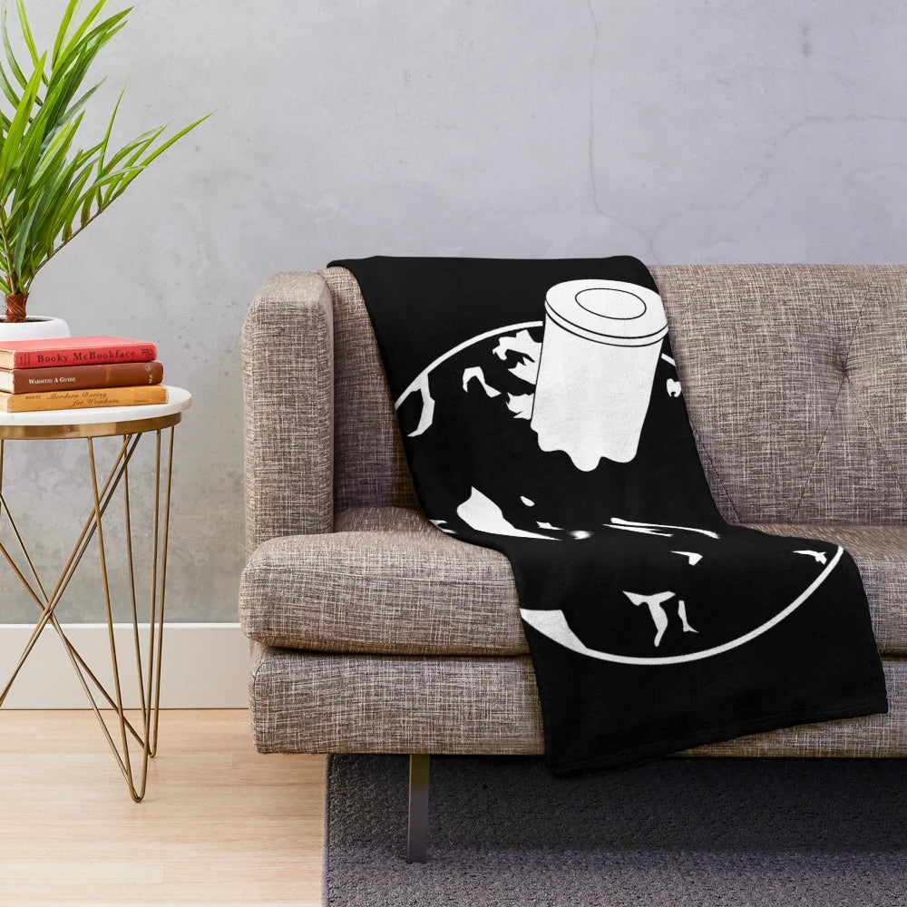 Plush blanket featuring a minimalist moon and rocket design