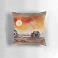 Vibrant watercolor illustration of a far planet on a cozy throw pillow, featuring a colorful architectural pattern and sci-fi inspired design.