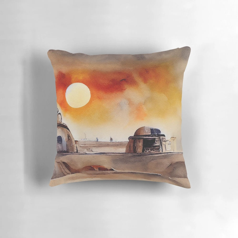 Vibrant watercolor illustration of a far planet on a cozy throw pillow, featuring a colorful architectural pattern and sci-fi inspired design.
