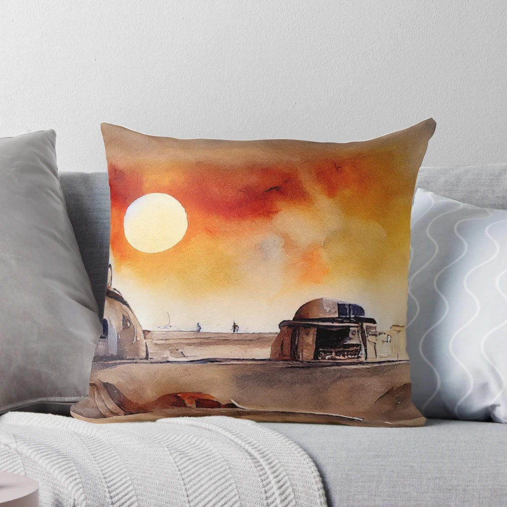 Vibrant watercolor illustration of a far planet on a cozy throw pillow, featuring a colorful architectural pattern and sci-fi inspired design.