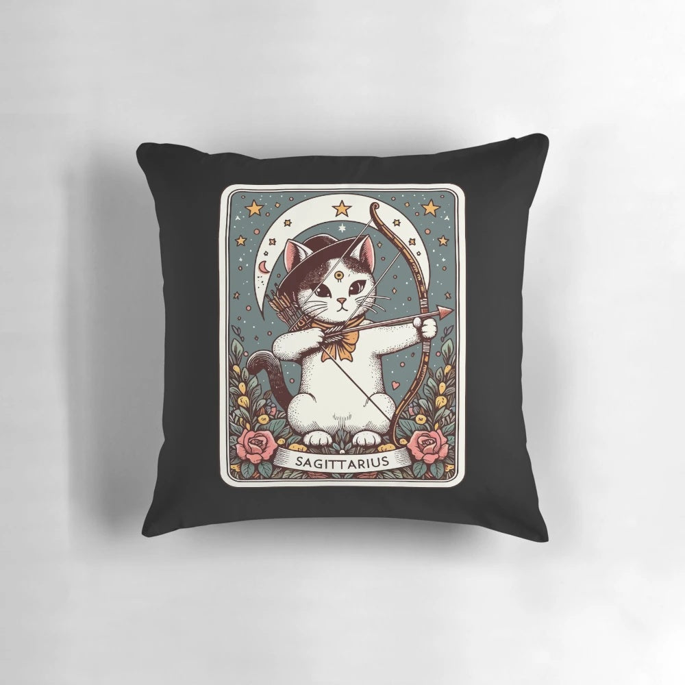 A cozy Sagittarius zodiac pillow featuring a cute cat in a mystical tarot card design