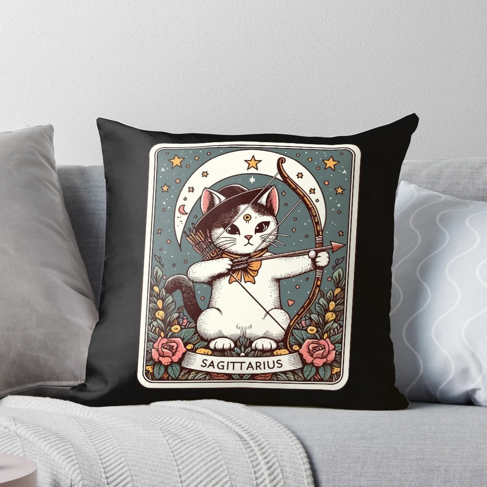 A cozy Sagittarius zodiac pillow featuring a cute cat in a mystical tarot card design