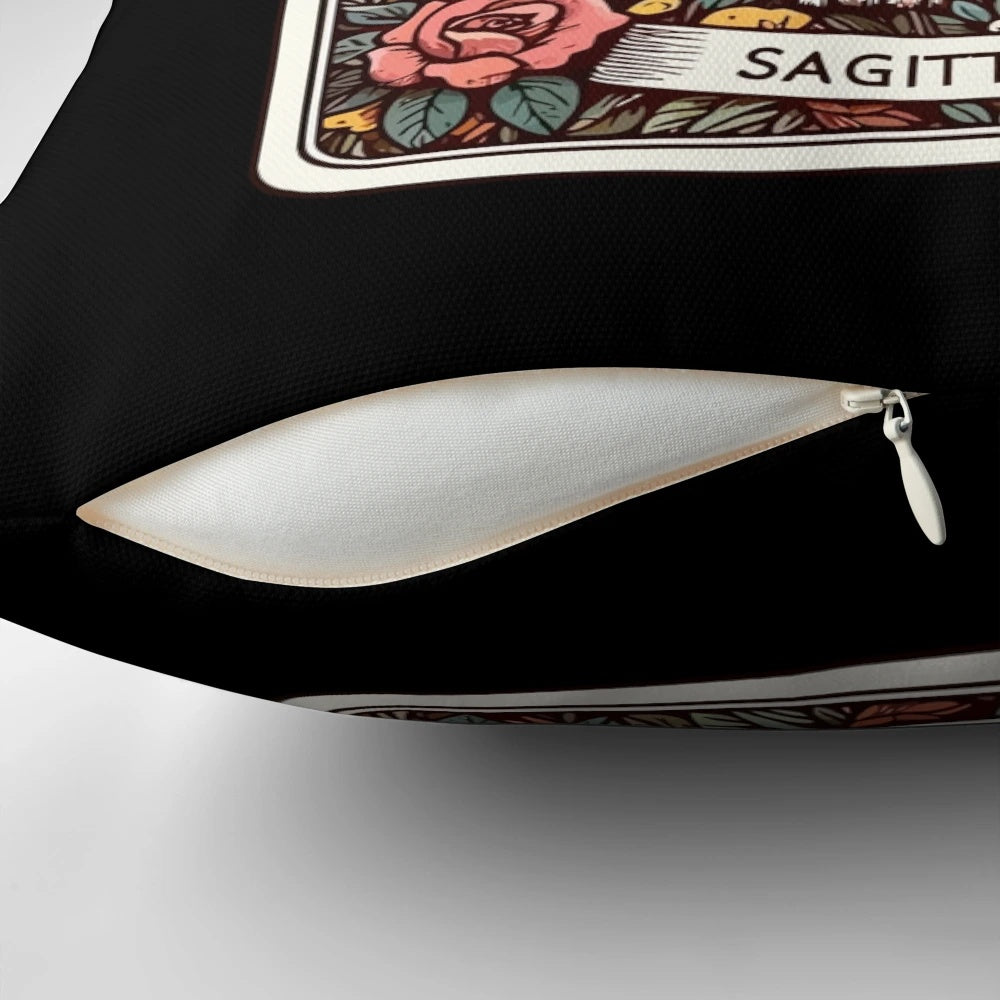A cozy Sagittarius zodiac pillow featuring a cute cat in a mystical tarot card design