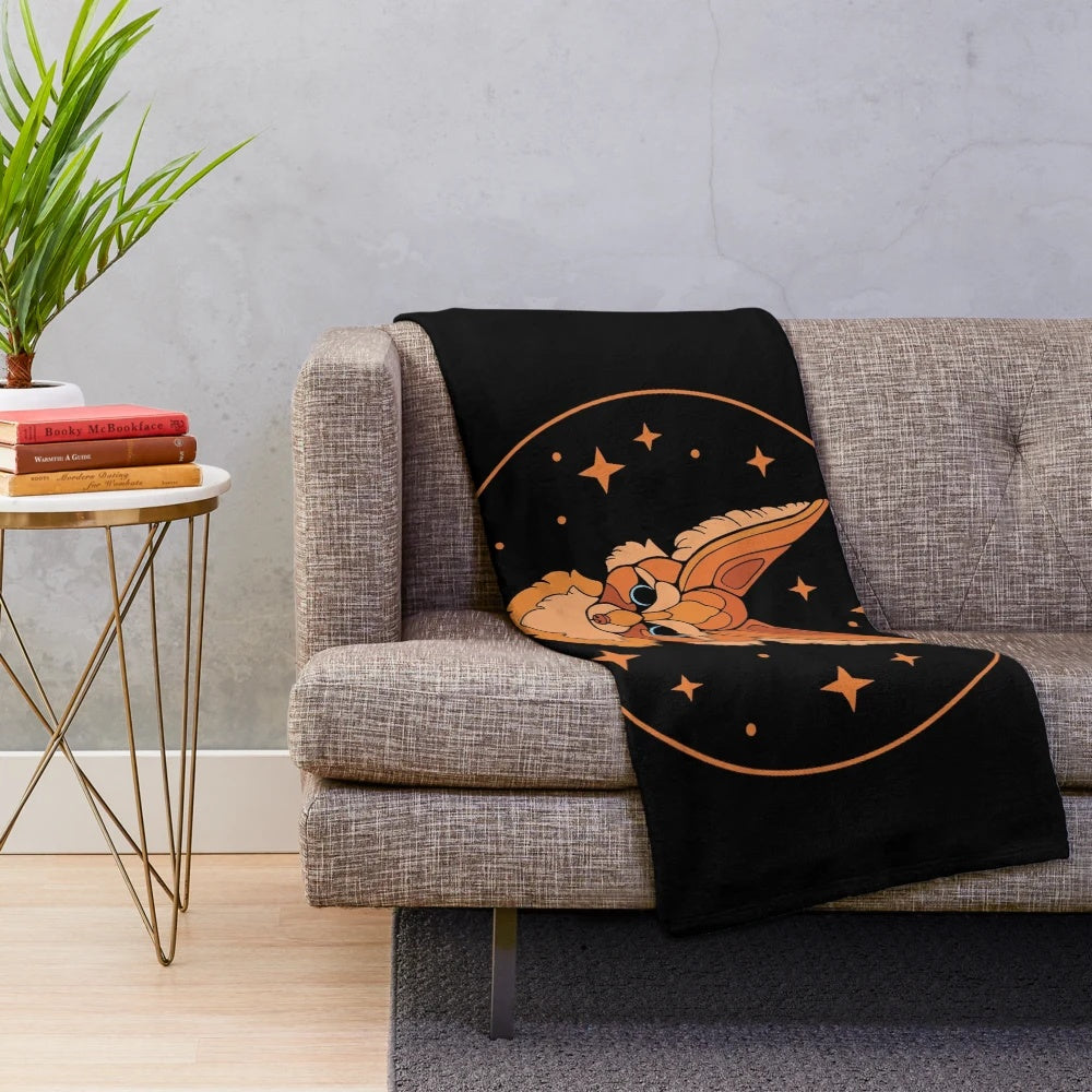 Soft plush blanket featuring a detailed portrait of a fennec fox surrounded by a starry night sky