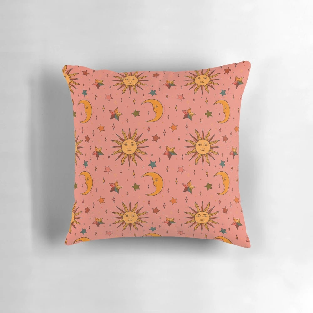 Colorful folk moon and star print throw pillow with celestial, boho, and mystical design.