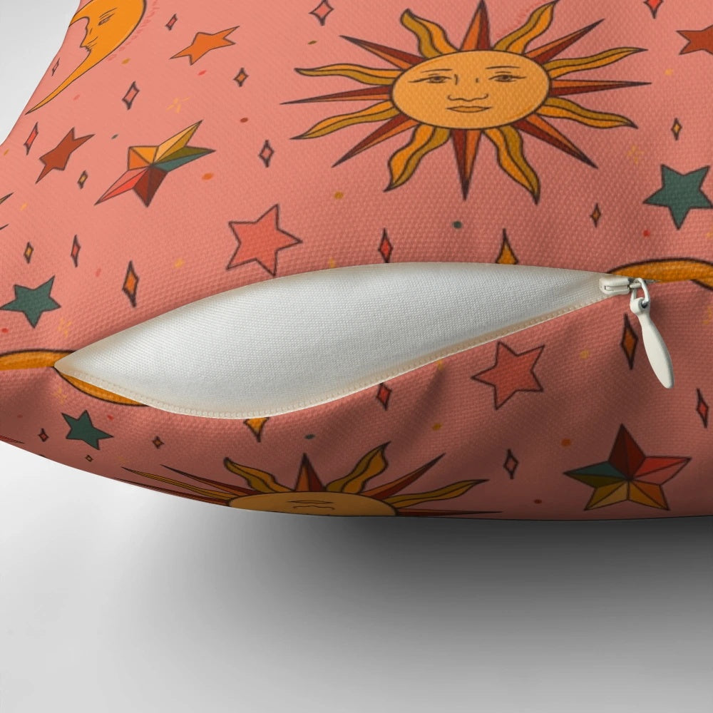 Colorful folk moon and star print throw pillow with celestial, boho, and mystical design.