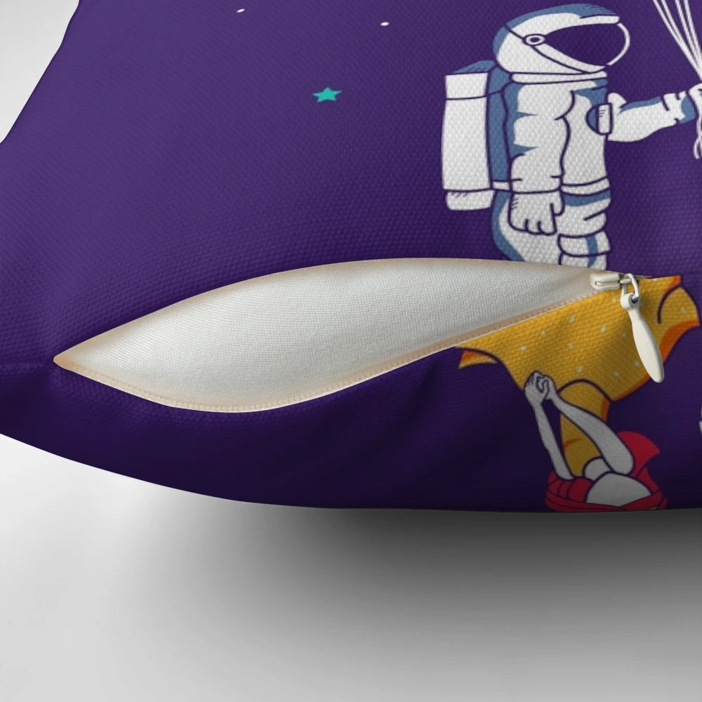 A vibrant and colorful pillow depicting a couple floating in space, surrounded by planets, stars, and galaxies.