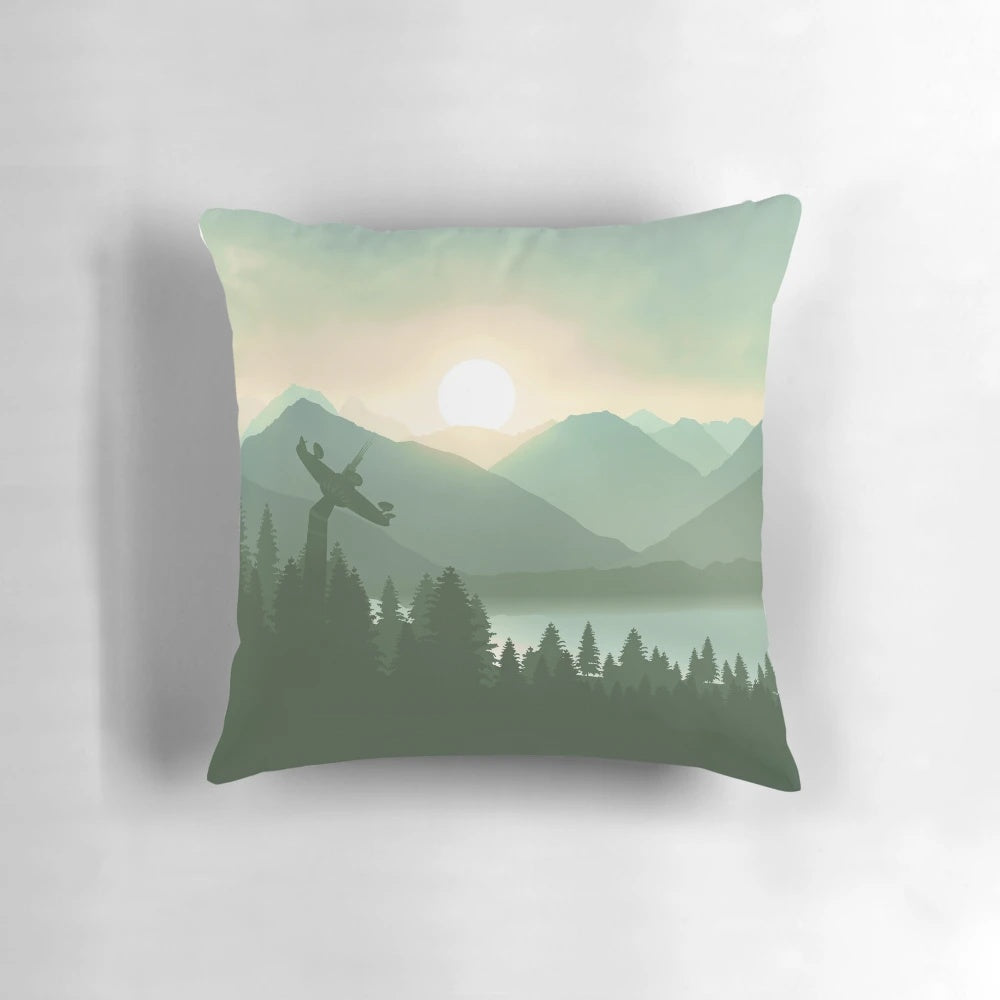Decorative throw pillow featuring an artistic rendering of the forest moon of Endor from the Star Wars universe