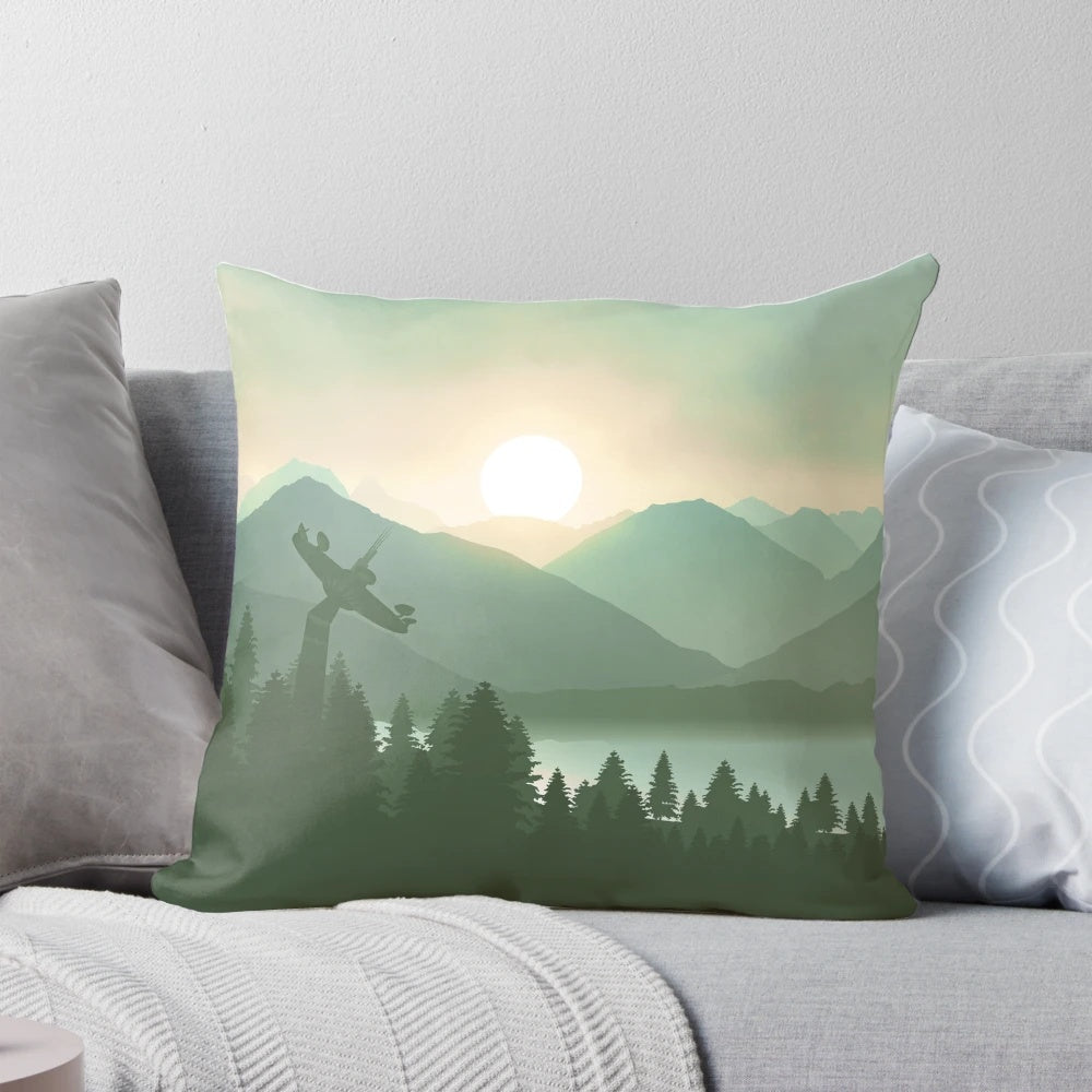 Decorative throw pillow featuring an artistic rendering of the forest moon of Endor from the Star Wars universe